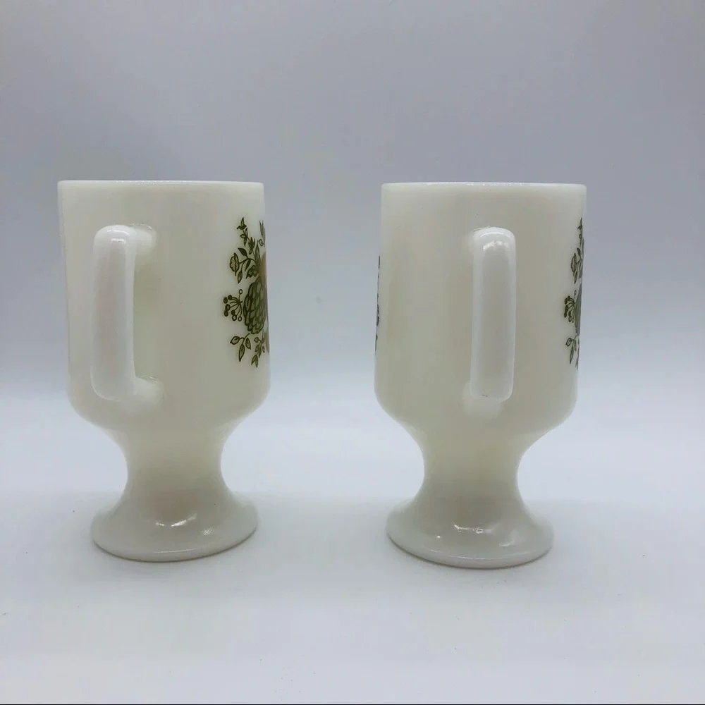 RETRO MUSHROOM PEDESTAL MILK GLASS COFFEE MUGS - SET OF 2